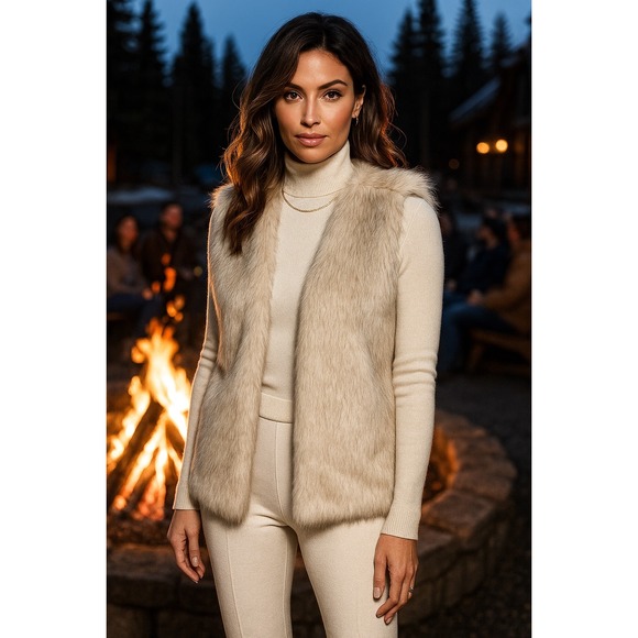 Old Navy Womens Faux Fur Vest Jacket Medium Cream Beige Cabin Ski Resort Comfy - Picture 1 of 5
